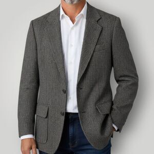 Vintage Men Blazer Sport Coat 2 Button Jacket 38S Tweed Wool Gray Herringbone